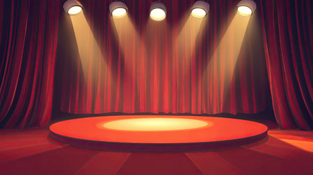 Vector illustration of a cartoon empty theatre stage featuring rich red velvet curtains and bright spotlightsの素材