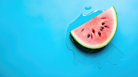 A creative summer composition featuring a melting watermelon slice on a vibrant blue backgroundの素材