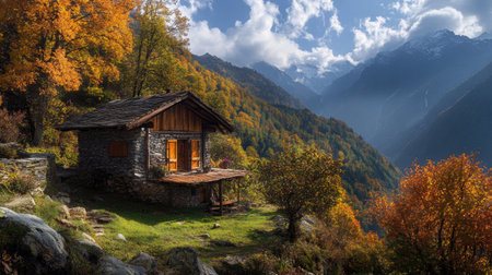 A rustic hut in the heart of the mountains, offering a peaceful retreat from the worldの素材