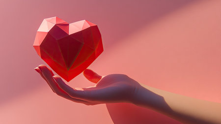 A paper-crafted volumetric red heart, balanced on a hand casting a sharp shadow, contrasting beautifully with a pink background.の素材