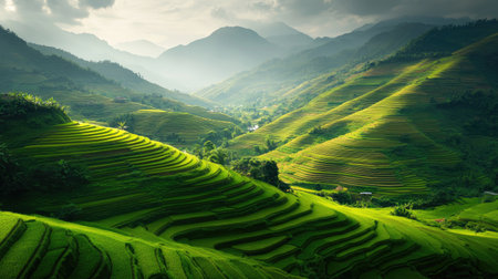 The picturesque terraced rice fields of Mu Cang Chai, Vietnam, cascading down the mountainsides in vibrant green.の素材
