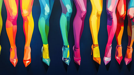 A contemporary collage of colorful female legs in tights and heels, set against a navy blue backgroundの素材