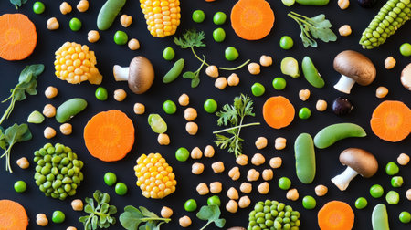 A vibrant food collage with chickpeas, green sprouts, carrots, corn, peas, beans, and mushrooms on a seamless black backgroundの素材