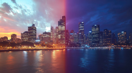 A stunning time-lapse cityscape showing the transition from day to night, capturing urban growth and dynamismの素材
