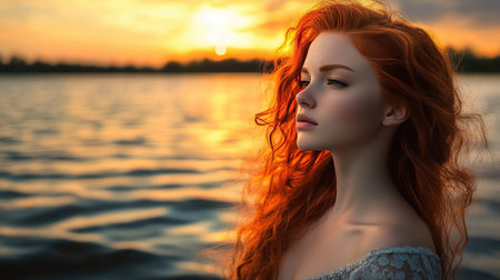 A redheaded woman in a dress by the lake at sunset, her vibrant hair and soft expression illuminated by the setting sunの素材