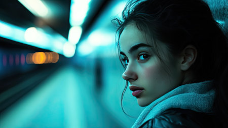 Close-up of a woman in the subway, illuminated by the soft lights of the underground stationの素材