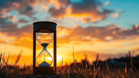 Hourglass in silhouette with a sunset sky as the backdrop, representing time passing into the eveningの素材