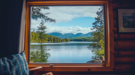Scenic view from a cabin, with a lake and mountains stretching out in the distanceの素材