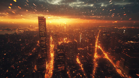 Cityscape transitioning from sunlight to city lights, captured in a breathtaking time-lapse showcasing urban energyの素材