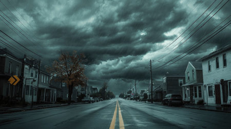 Street in a town as storm clouds roll in, the sky darkening and the wind picking up.の素材