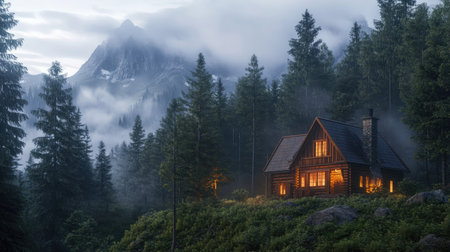A glowing wooden house in the forest, with foggy mountains adding depth to the background.の素材