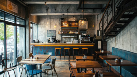 Cozy loft-style restaurant with a bar and seating area, highlighted by concrete walls and warm wooden floors.の素材
