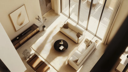 Aerial view of a modern living room with a light-filled space, cozy seating, and elegant design elementsの素材