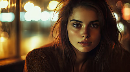 Close-up of a brunette woman in a night-time bar setting, her expression reflecting the mood of the eveningの素材