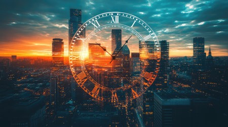 Clock face superimposed on a city at sunset, capturing the essence of time management in an urban settingの素材