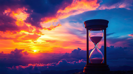 A silhouette of an hourglass against a vibrant sunset sky, time slipping away as day turns to nightの素材