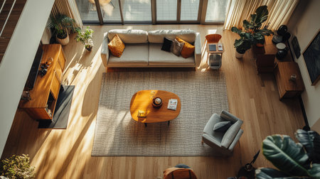 Top-down view of a spacious living room in a modern home with sleek furniture, a cozy rug, and minimalist decorの素材