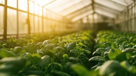 Interior shot of a modern greenhouse, filled with rows of vibrant green plants, showcasing sustainable farming and advanced food production techniquesの素材