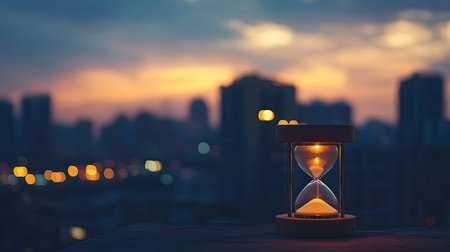 A city rooftop at dusk with an hourglass, capturing the blend of fading daylight and emerging urban lightsの素材