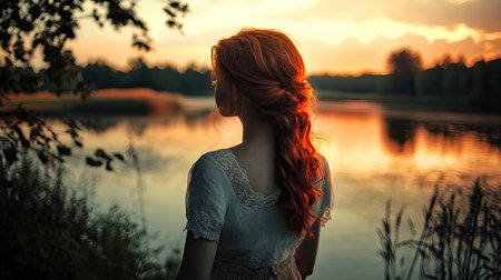 A redheaded woman stands by the lake at sunset, her dress and hair glowing in the soft, fading lightの素材