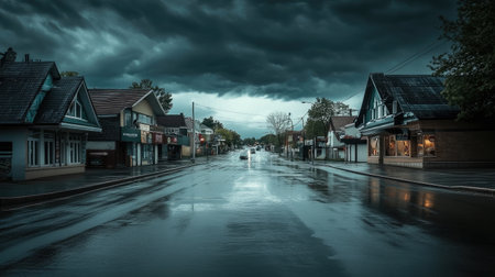 A small town street under dark storm clouds, the atmosphere tense with the impending stormの素材