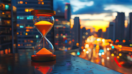 An hourglass placed on a city rooftop at dusk, blending the passage of time with the glow of urban lightsの素材