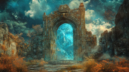 A portal to another time opening in an ancient city, where history meets fantasy in a vivid, otherworldly sceneの素材