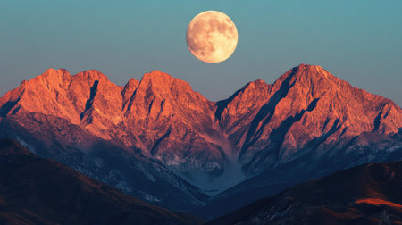 A stunning moonrise over rugged mountain peaks, with the soft glow of the moon casting a serene light across the landscapeの素材