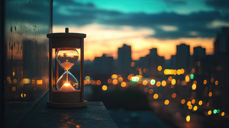 Hourglass on a rooftop at dusk, city lights reflecting off the glass, emphasizing the passage of timeの素材