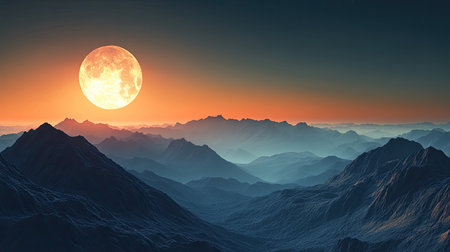 A stunning moonrise over rugged mountain peaks, with the soft glow of the moon casting a serene light across the landscapeの素材