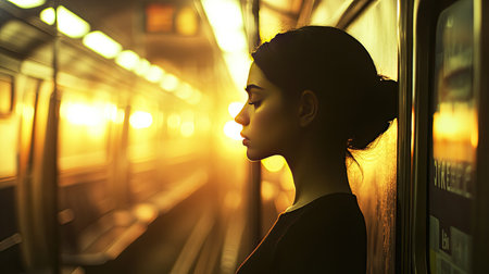 A woman standing in a dimly lit subway car, her face partly shadowed, creating a mysterious atmosphereの素材