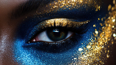 A close-up of a striking makeup design featuring a vibrant blue eye adorned with golden accents, set against a shimmering backgroundの素材