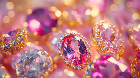 A detailed shot of pink and clear gemstones glimmering in gold rings, against a vibrant, colorful backgroundの素材