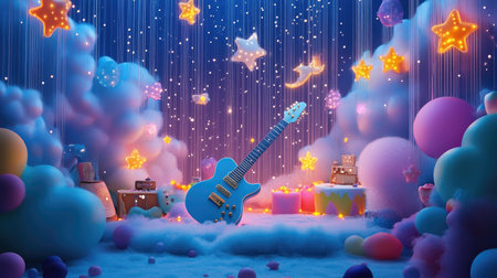 A bright and colorful stage scene with a blue guitar, soft pastel decorations, and a starry theme, shining under natural daylightの素材