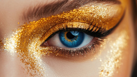 A detailed shot of artistic makeup with golden highlights surrounding a piercing blue eye,の素材