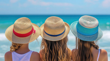 Three young girls on a sunny beach, wearing straw hats in the colors of the Greek flag. The perfect holiday vibeの素材