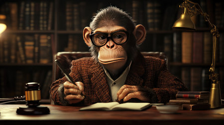 A humorous scene featuring a monkey dressed as a judge, sitting in an office with a gavel and books on the deskの素材