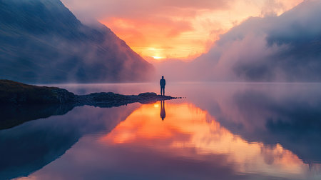 A solitary figure stands at the edge of a lake, witnessing the beauty of a sunrise in a tranquil setting4dc7-8ff7-d6783fef14d6の素材