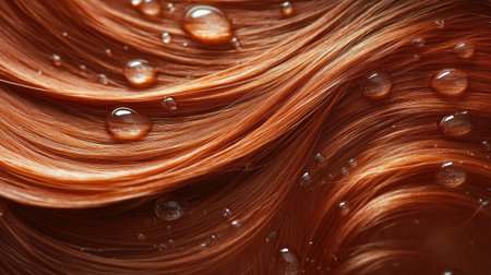 Shimmering drops of pomade gently resting on red hair waves, evoking a peaceful and nurturing atmosphereの素材