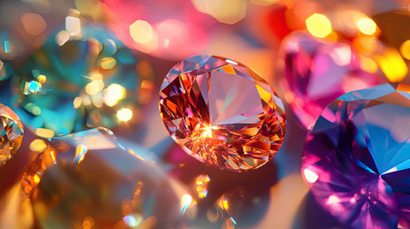 A close-up of radiant gemstones in various colors, sparkling on a reflective surface, bathed in soft, warm light for a luxurious effectの素材