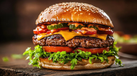 A perfectly crafted tall hamburger, with juicy layers of meat, cheese, and vegetables, representing the epitomeの素材