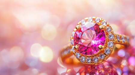 Sparkling pink and clear gemstones set in gold rings, captured in a close-up image with a bright, colorful backgroundの素材
