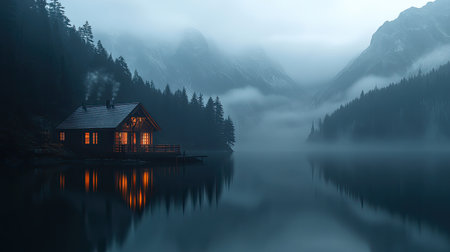 A cozy wooden house, its lights reflecting on a still lake, surrounded by fog-covered mountains at dusk.の素材