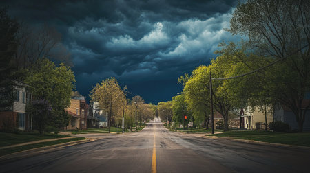 A small town street with ominous storm clouds, the calm before the storm creating a suspenseful mood.の素材