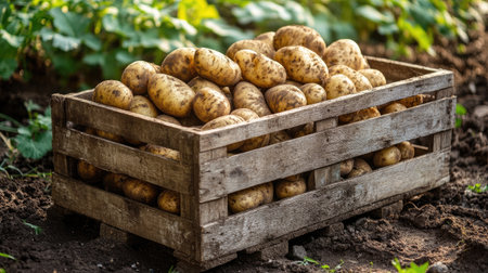 A wooden crate full of harvested potatoes, representing the bounty of the earth and the rewards of hard work in farmingの素材