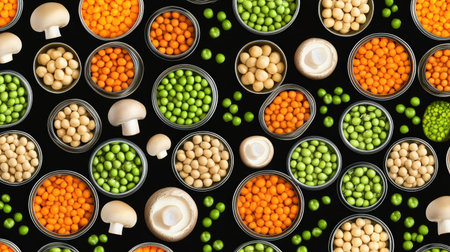 A seamless food background showcasing opened cans of chickpeas, green sprouts, carrots, corn, peas, beansの素材