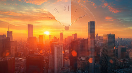 A sunset cityscape with a transparent clock overlay, symbolizing the balance between time and urban hustleの素材