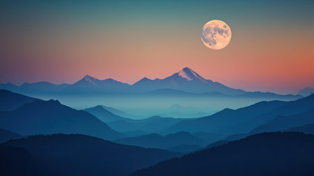 Scenic view of the moon rising above majestic mountains, creating a tranquil and ethereal atmosphere in the evening skyの素材