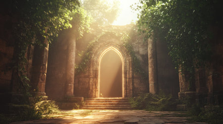 A mystical time travel portal opening in the heart of an ancient fantasy city, blending history and fantasyの素材