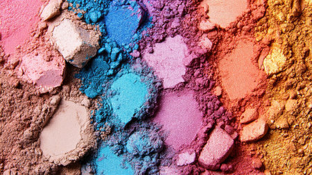 A detailed close-up of vibrant powdered cosmetics in an array of shades, artfully arranged to showcase different textures and colorsの素材